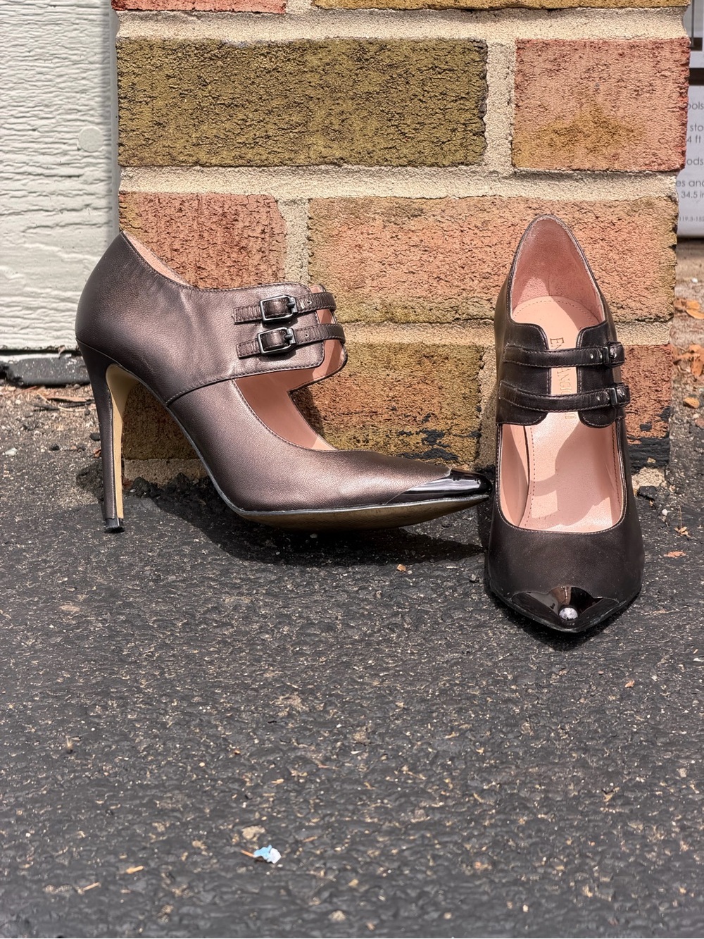Women's Metallic Pewter Double-Strap High Heel Pumps